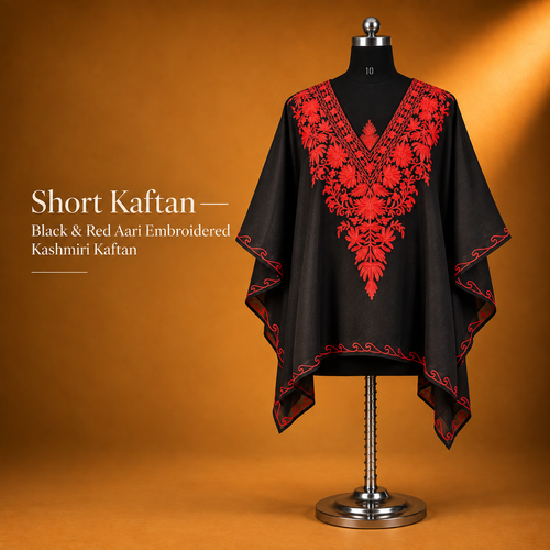 Short Kaftan — Black & Red Aari Embroidered Kashmiri Kaftan