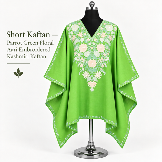 Parrot Green Floral Aari Embroidered Kashmiri Short Kaftan