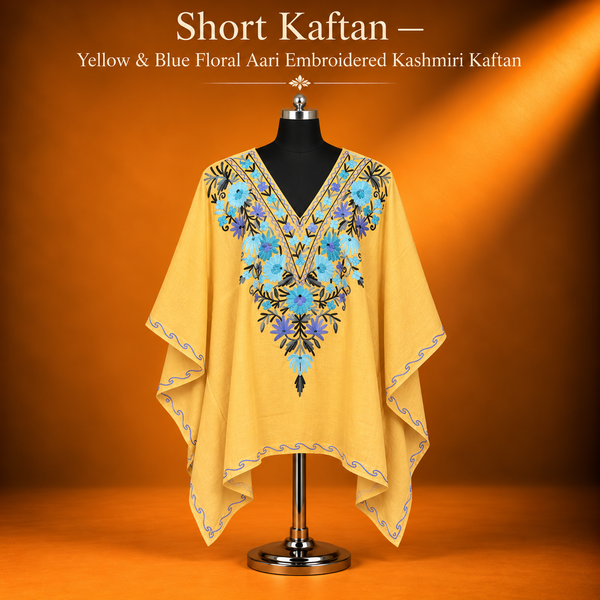 Short Kaftan — Yellow & Blue Floral Aari Embroidered Kashmiri Kaftan
