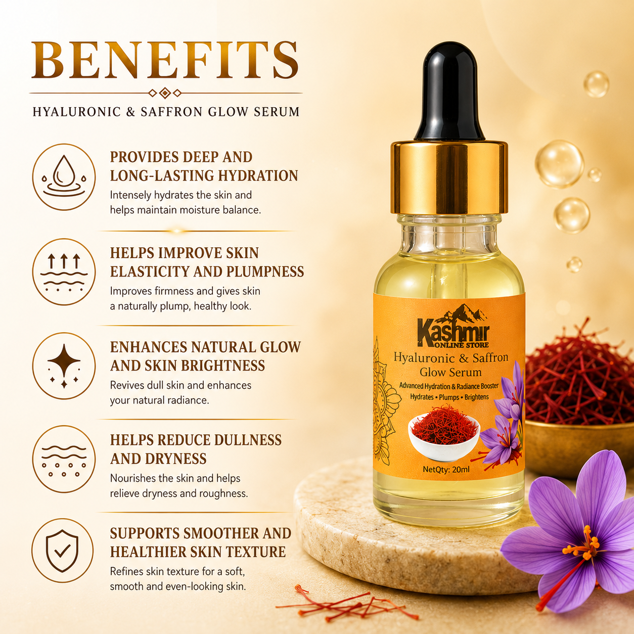 Saffron glow serum with hyaluronic acid for hydration