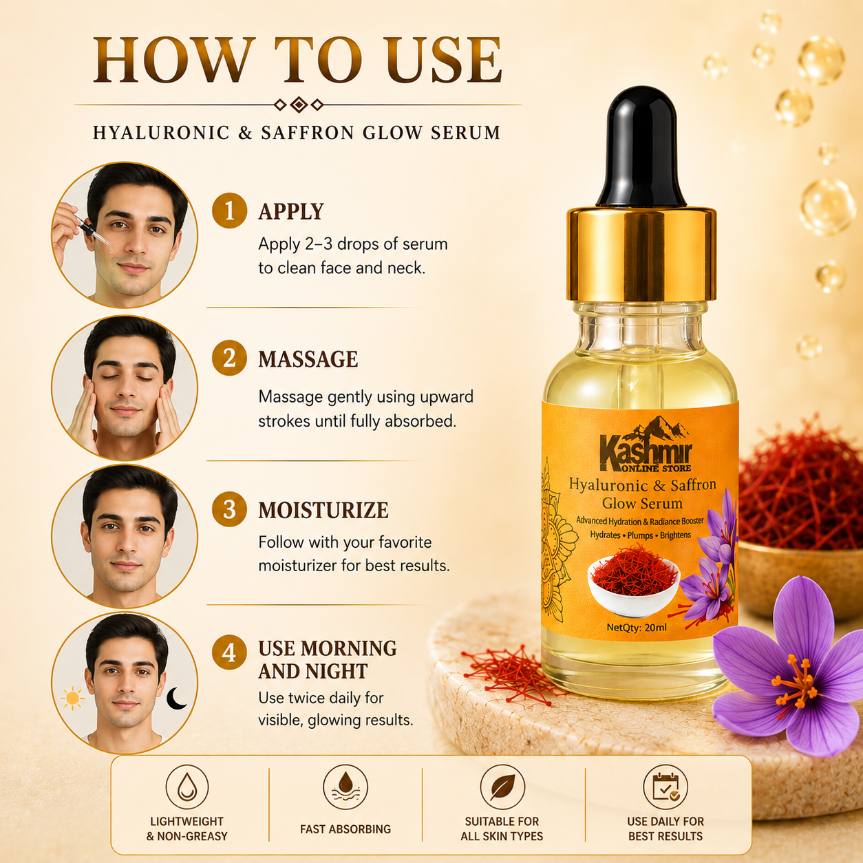 Saffron hyaluronic serum for bright healthy skin