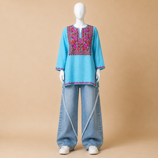 Sky Blue Aari Embroidered Designer Kashmiri Kurti