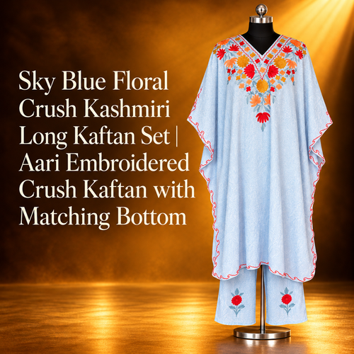 Sky Blue Floral Long Crush Kashmiri Kaftan Set | Aari Embroidered Crush Kaftan