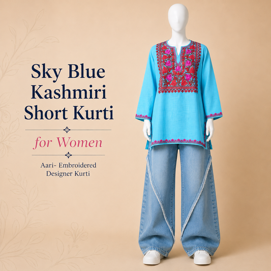 Sky Blue Kashmiri Short Kurti for Women with Aari Embroidery