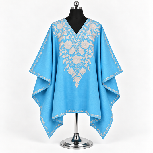 Sky Blue Kashmiri Short Kaftan with Silver Grey Aari Embroidery