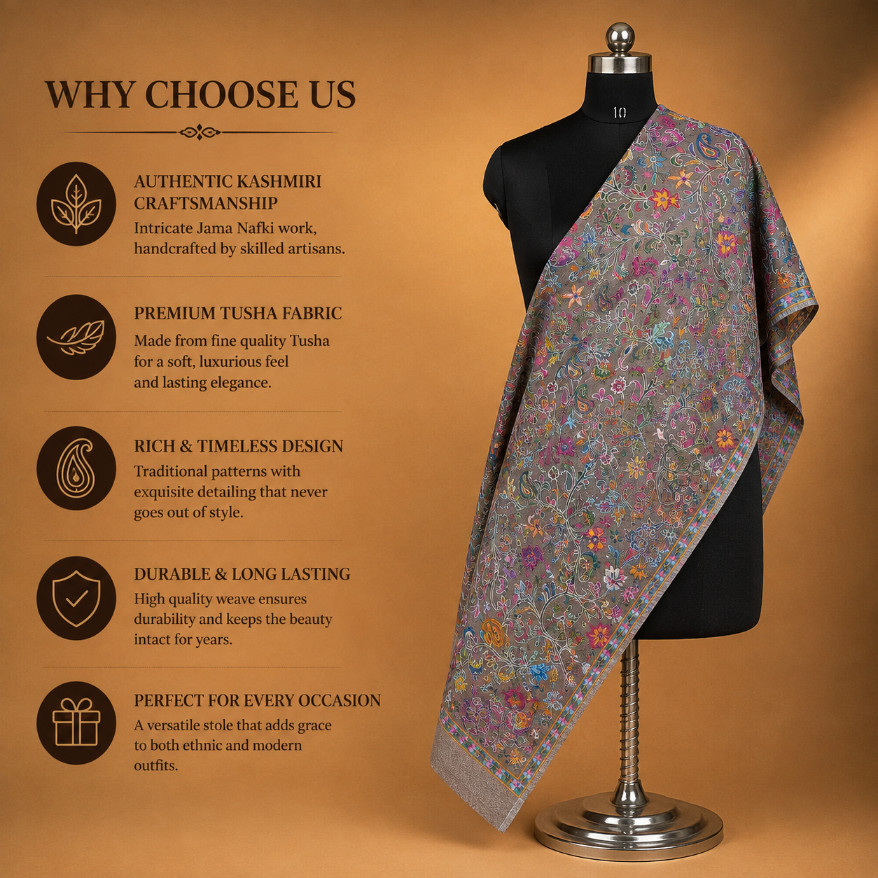Elegant Kalamkari Fine Stole in Taupe with traditional Kashmiri embroidery