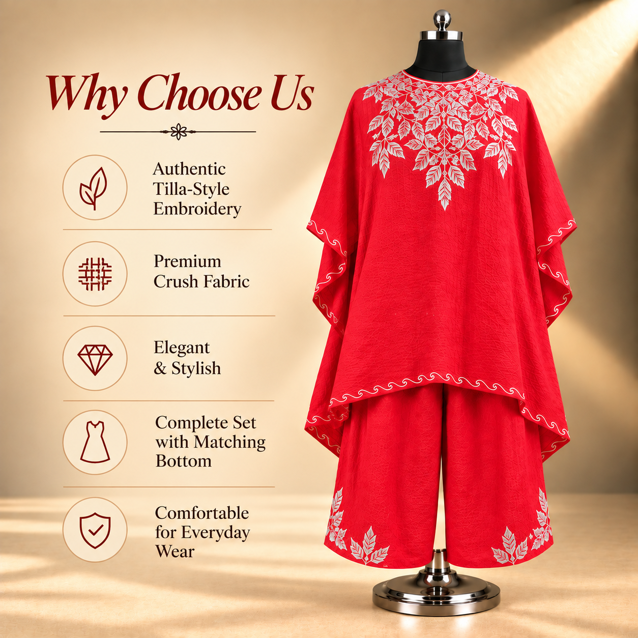 Tilla Embroidered Red Crush Kashmiri Kaftan for Women