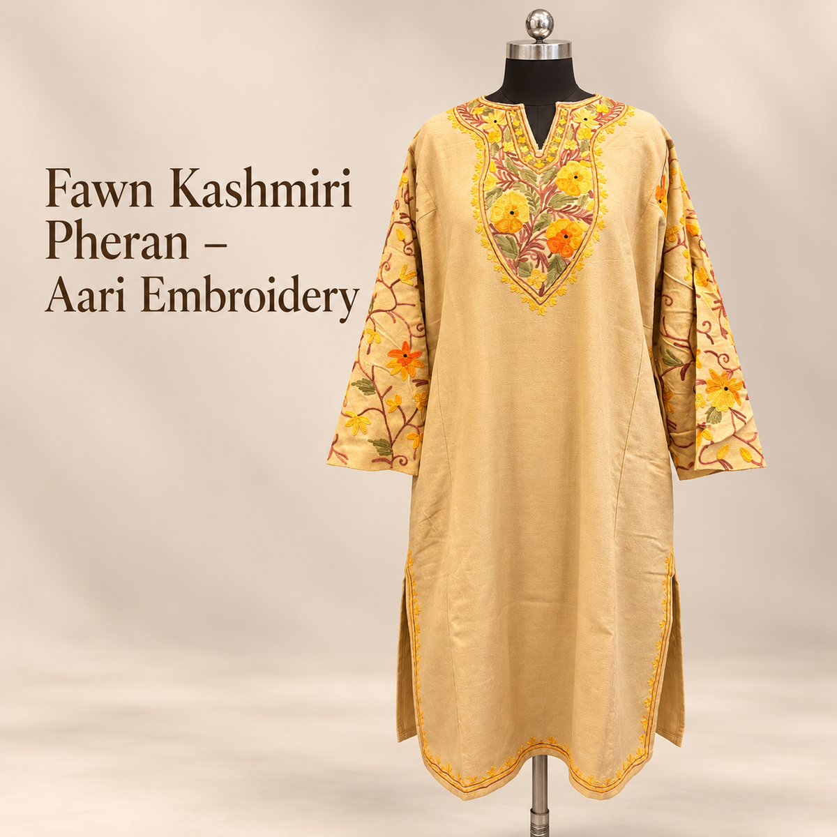 Fawn Kashmiri Winter Pheran with Aari Work
