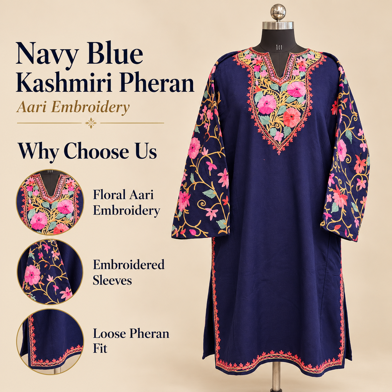 Navy Blue Kashmiri Winter Pheran with Aari Work