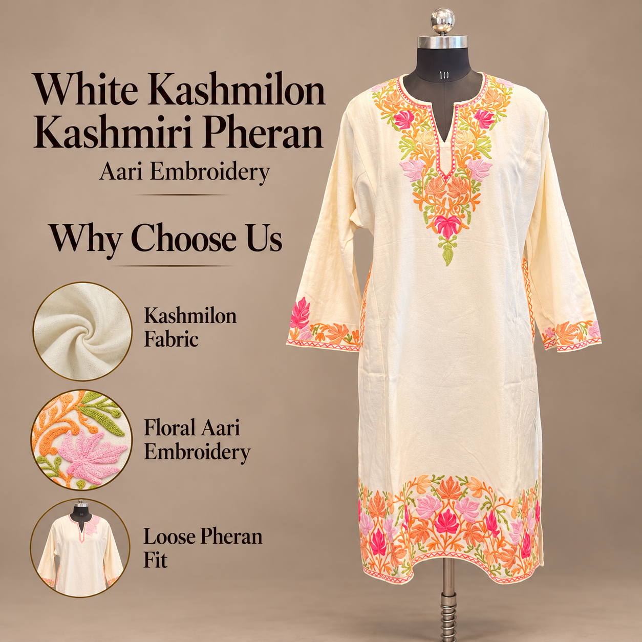 White Kashmiri Winter Pheran with Aari Work