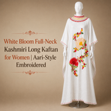 White Bloom full-neck Kashmiri long kaftan for women with Aari-style embroidery