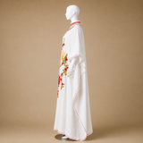 Elegant White Bloom Kashmiri long kaftan with intricate Aari embroidered work