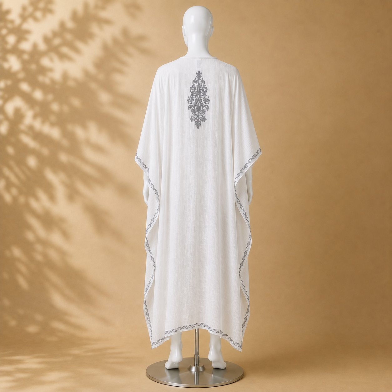 White Grey Kashmiri long kaftan featuring intricate Aari embroidered detailing