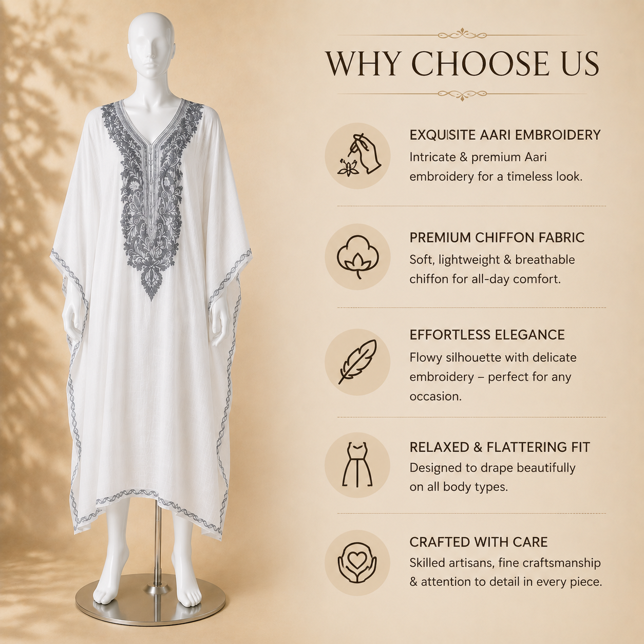 Elegant White Grey long kaftan with traditional Kashmiri Aari work
