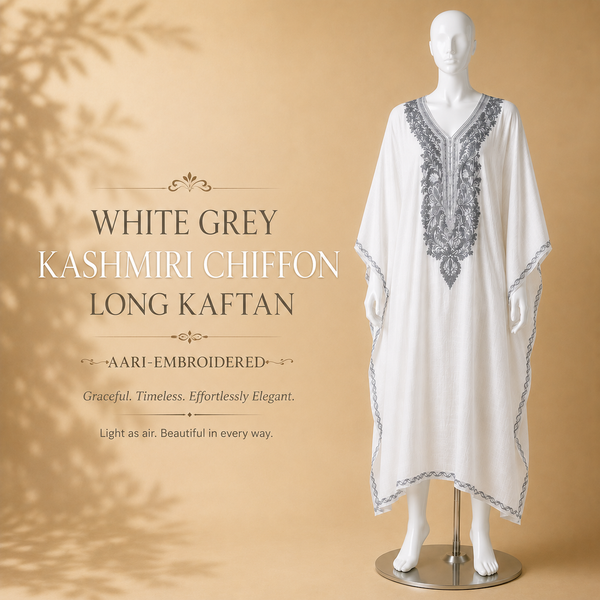 White Grey Kashmiri Chiffon Long Kaftan for Women | Aari-Style Machine Embroidered Chiffon Kaftan | Kashmiri Ethnic Wear