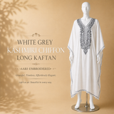 White Grey Kashmiri chiffon long kaftan for women with Aari embroidery