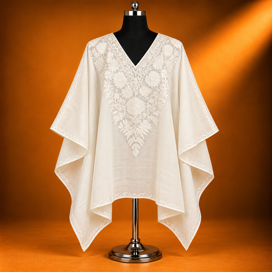 White Kashmiri Short Kaftan with White Aari Embroidery