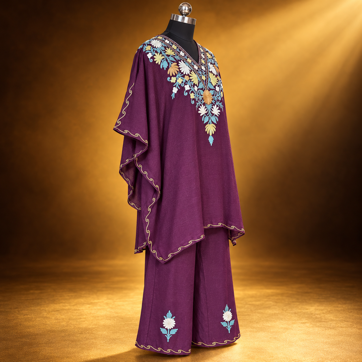 Wine Purple Short Crush Kaftan Set with Aari Embroidery