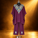 Wine Purple Aari Embroidered Short Kaftan with Matching Trouser