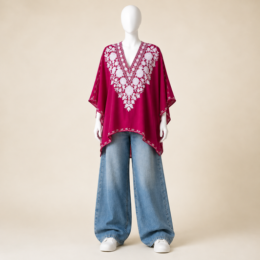 Buy Berry Magenta Kashmiri Short Kaftan | Aari Floral Embroidery