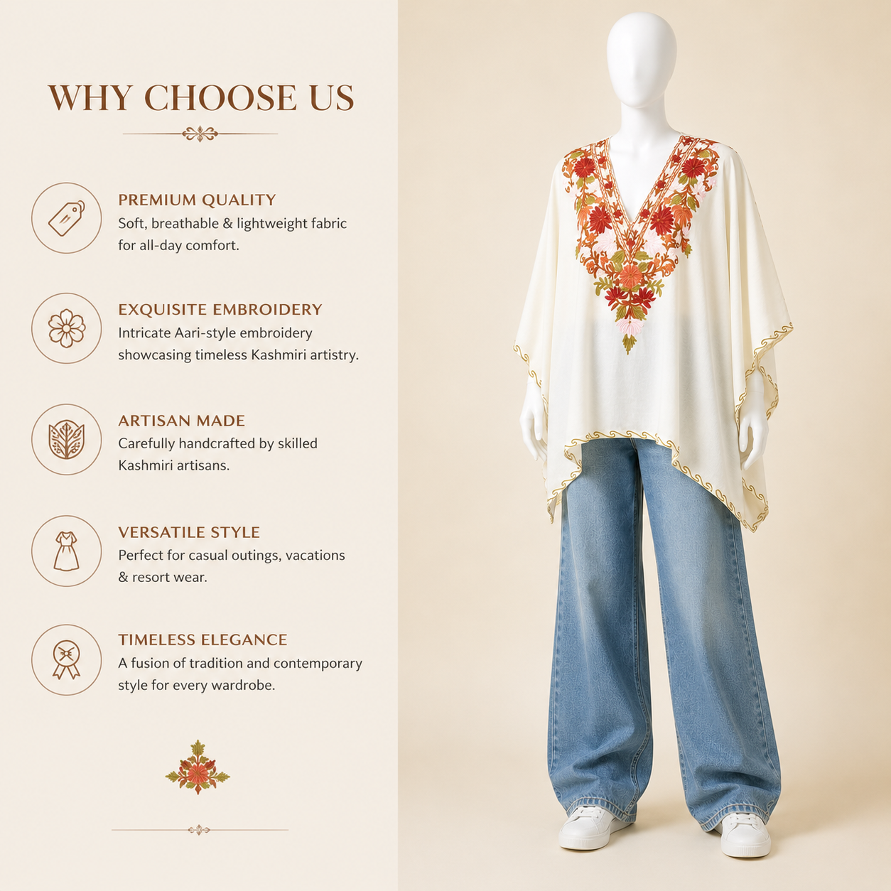Elegant Ivory Rust floral ethnic kaftan for women with Kashmiri embroidery