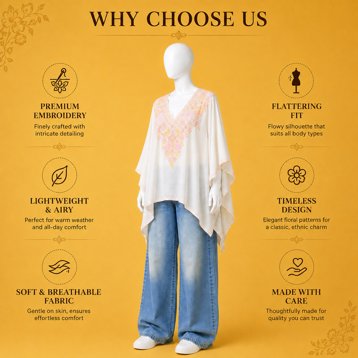Stylish Off-White Pastel ethnic kaftan for women with Kashmiri floral embroidery