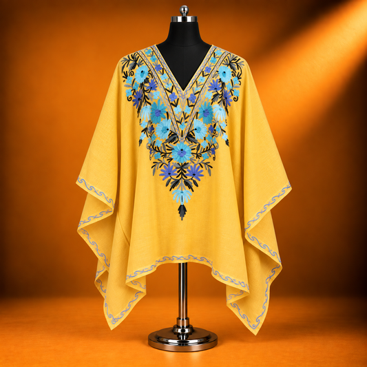 Yellow Blue Kashmiri Short Kaftan with Floral Aari Embroidery
