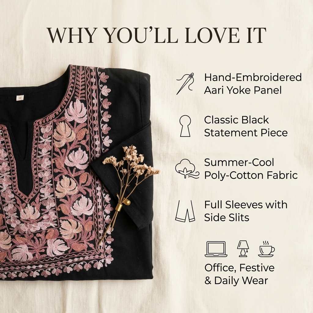 Elegant Black Designer Kurti with Kashmiri Embroidery