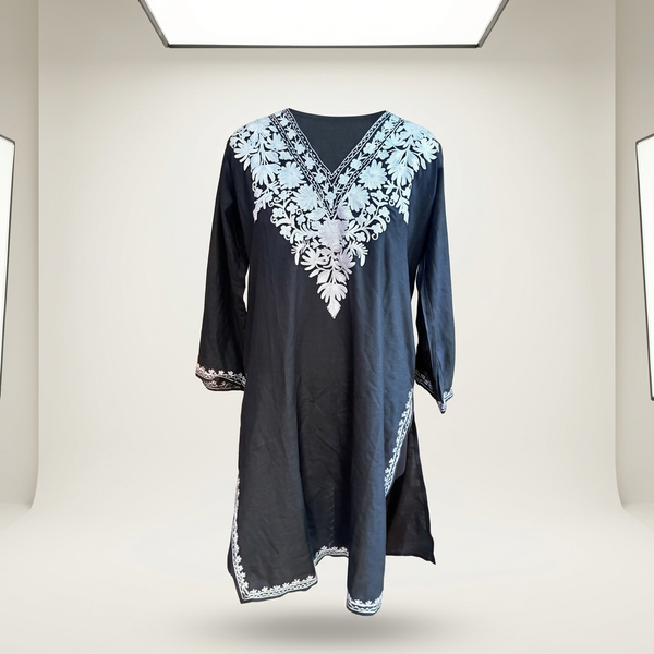 Black Kashmiri Long Kurti for Women | White Floral Neckline | Summer Cotton Kurti | Kashmiri Aari-Style Ethnic Wear