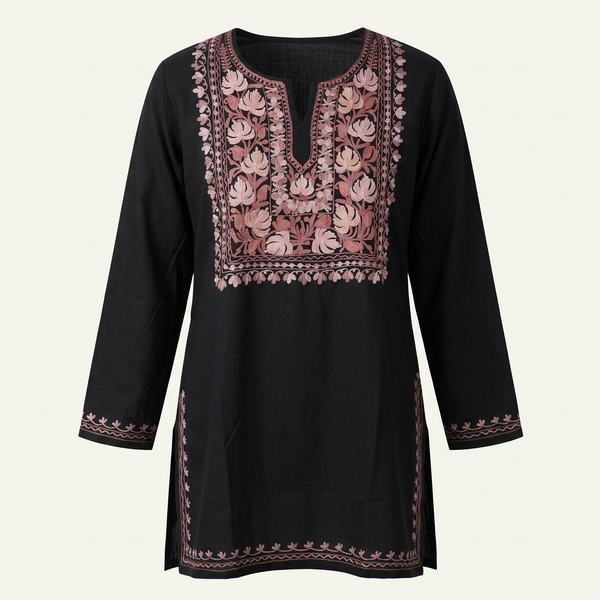 Black Kashmiri Short Kurti for Women | Aari-Style Machine Embroidered Designer Kurti | Kashmiri Floral Ethnic Wear