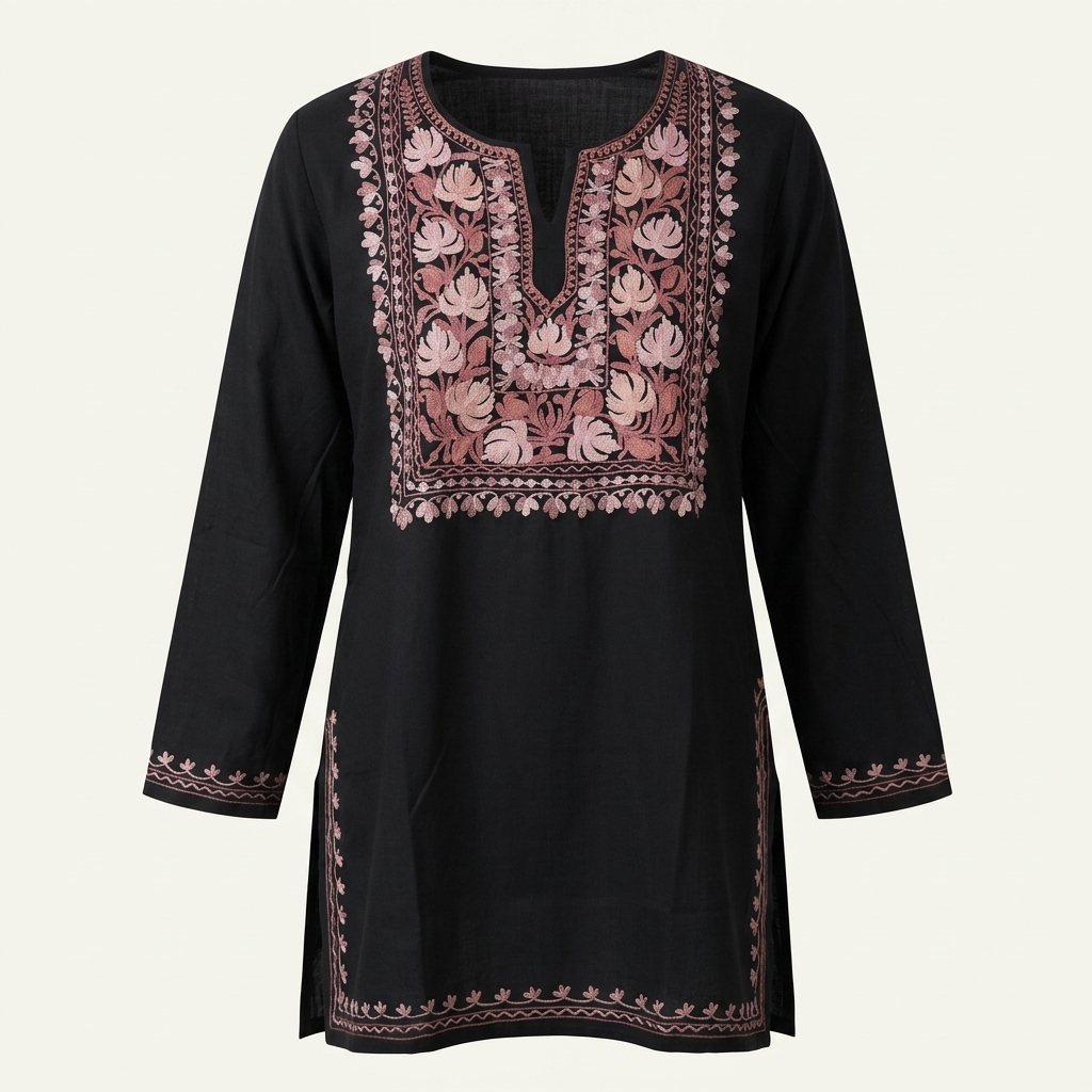 Black Kashmiri Short Kurti for Women with Machine Embroidery
