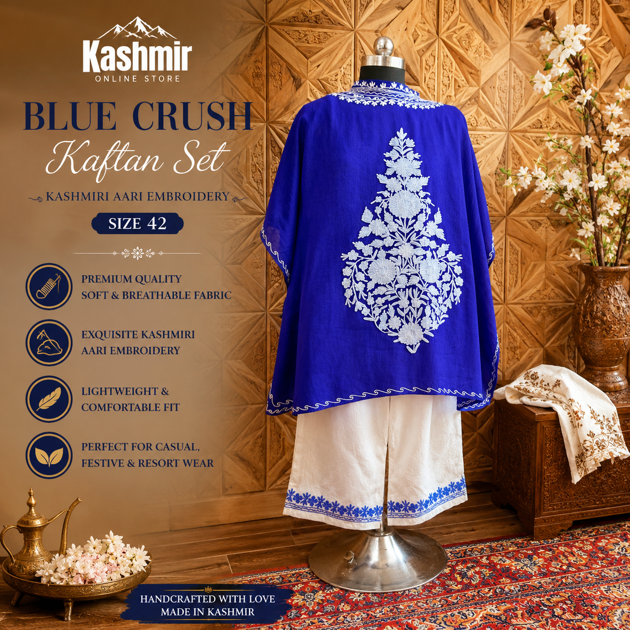 Kashmiri Aari Embroidered Blue Kaftan Set