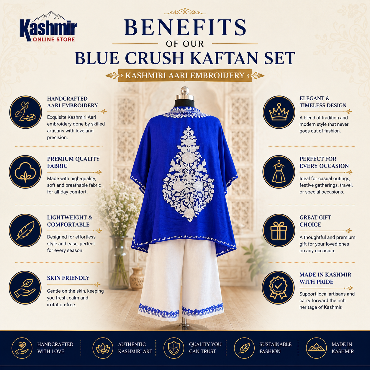 Designer Blue Kashmiri Kaftan Set for Women