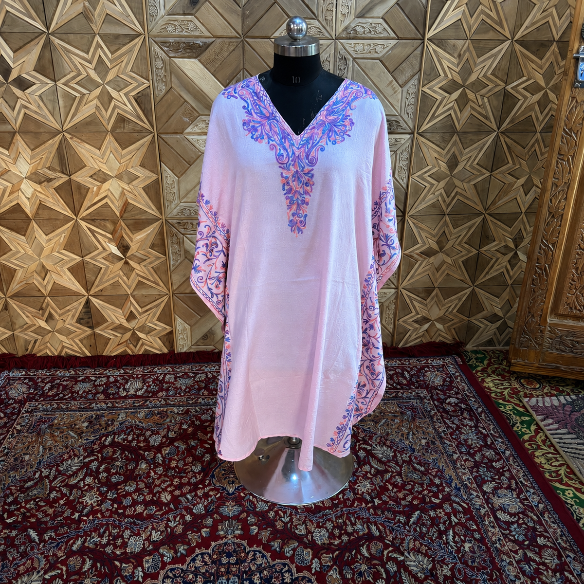 Blush Pink Tie Dye Crush Kashmiri Aari Embroidered Long Kaftan