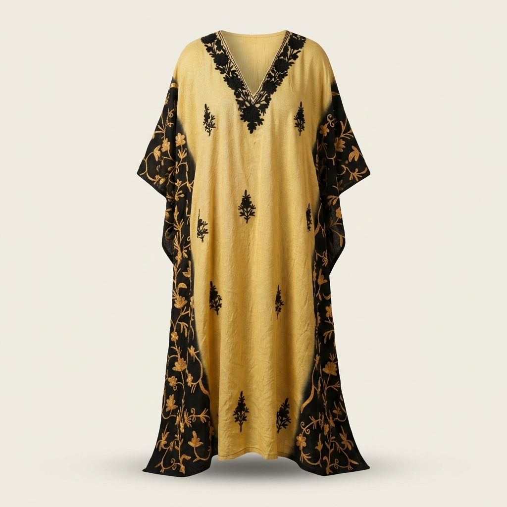 Butter Yellow Tie Dye Aari Embroidered Long Kaftan