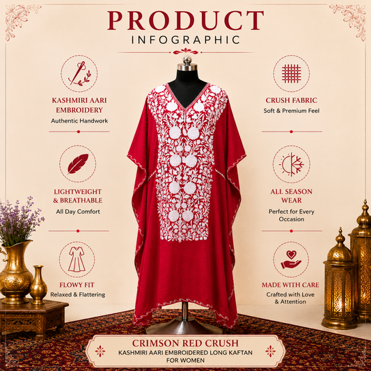 Crimson Red Crush Kashmiri Aari Embroidered Long Kaftan for Women