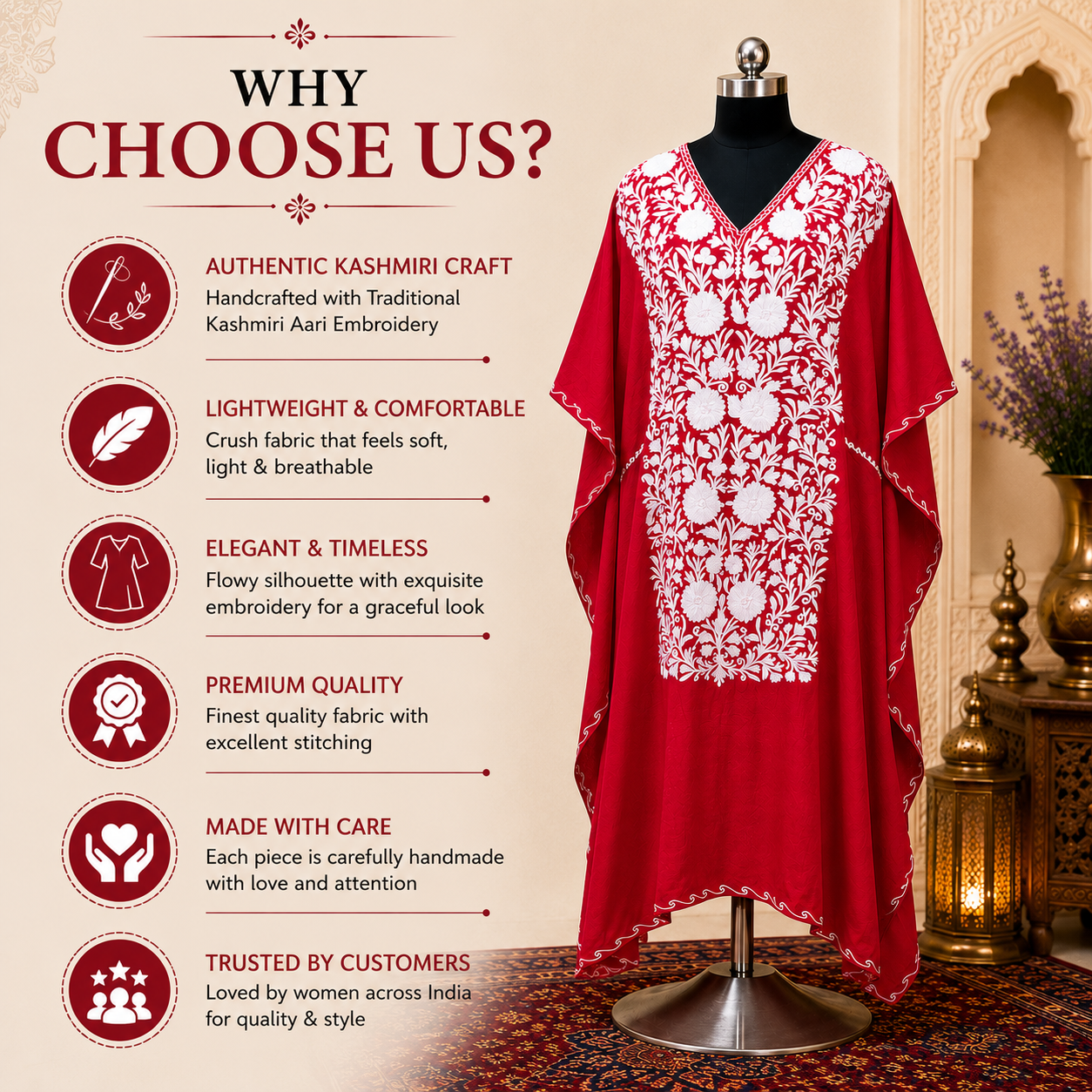 Crimson Red Long Kaftan with Kashmiri Aari Embroidery