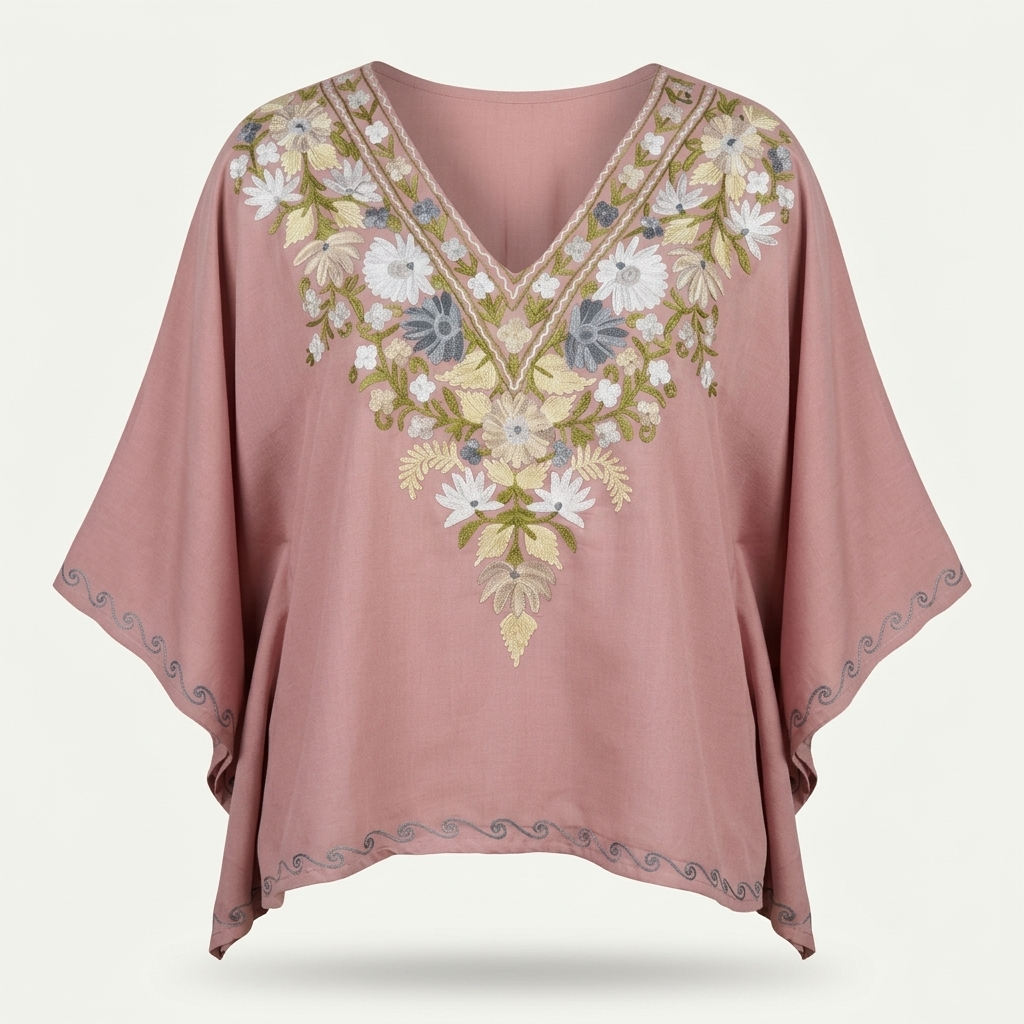 Kashmiri Aari Embroidered Short Kaftan for Women Dusty Rose