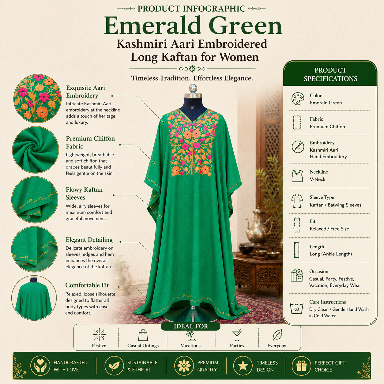 Luxury Emerald Green Kashmiri Embroidered Kaftan