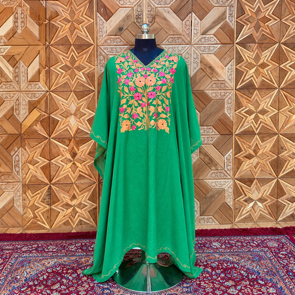 Emerald Green Kashmiri Long Kaftan for Women | Aari-Style Machine Embroidered Crush Kaftan | Kashmiri Ethnic Wear