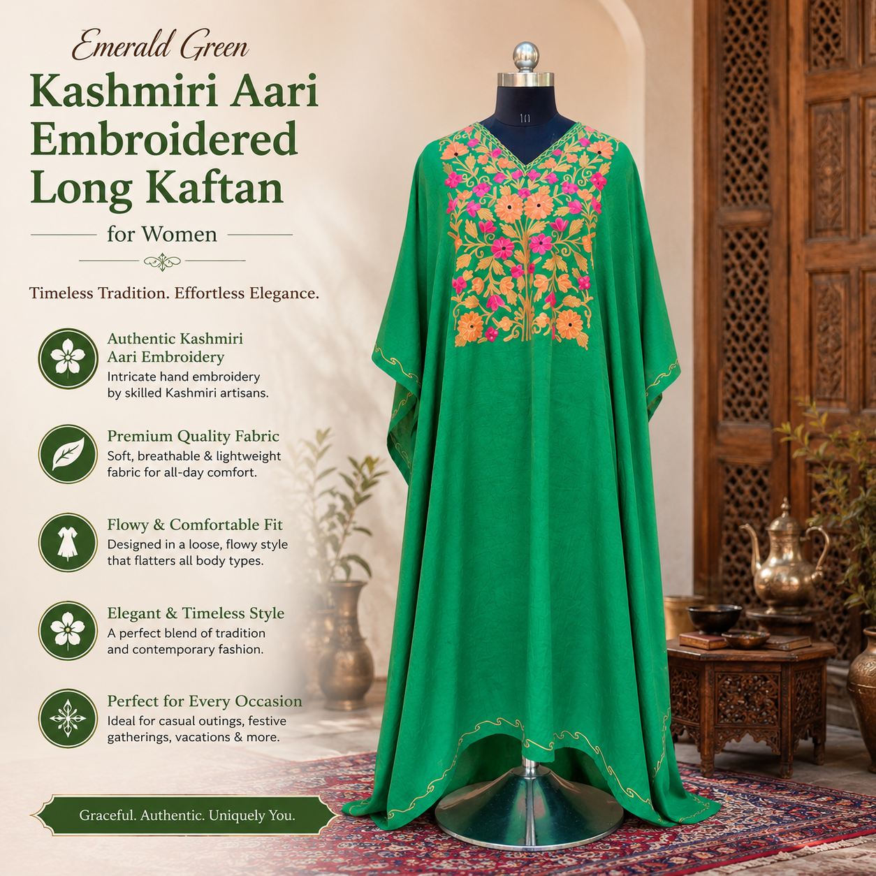 Emerald Green Long Kaftan with Kashmiri Aari Embroidery