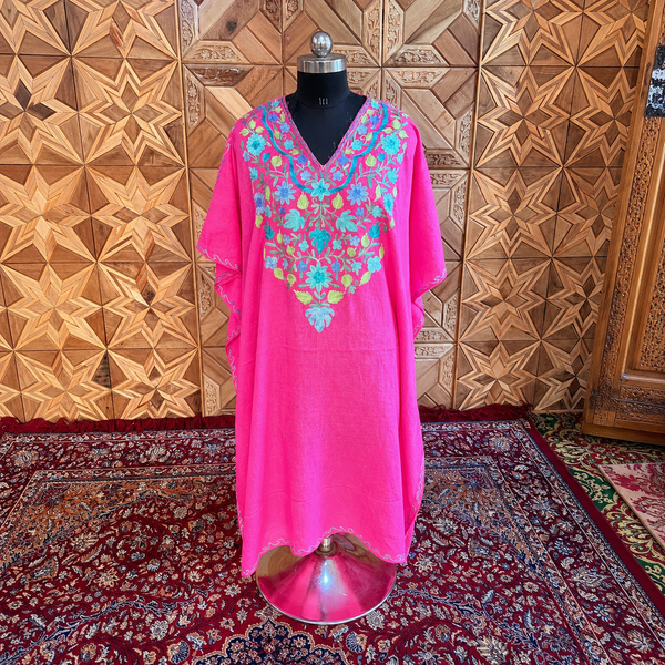 Fuchsia Pink Crush Kashmiri Long Kaftan for Women | Aari-Style Machine Embroidered Kashmiri Ethnic Wear