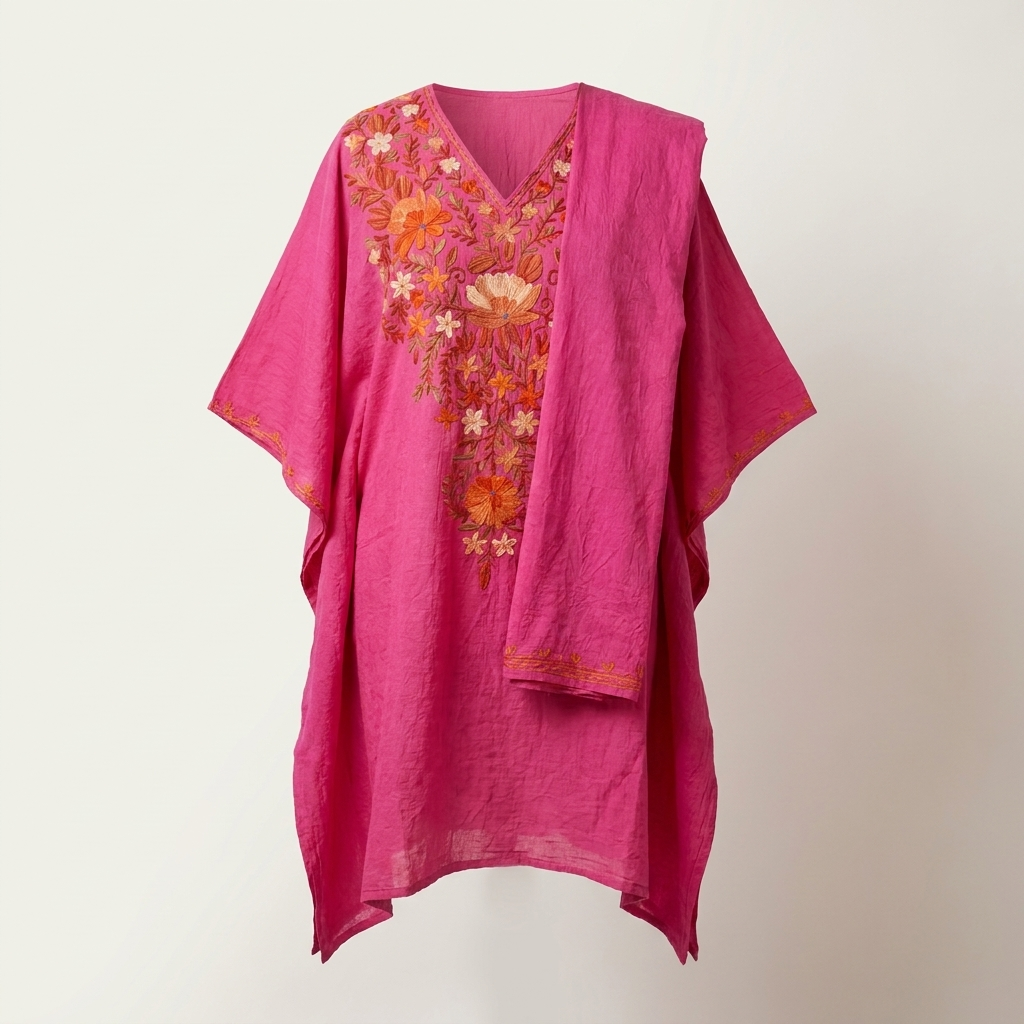 Fuchsia Pink Kashmiri Aari Long Kaftan Set for Women