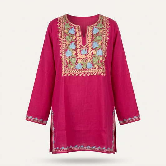 Fuchsia Pink Kashmiri Short Kurti for Women with Machine Embroidery