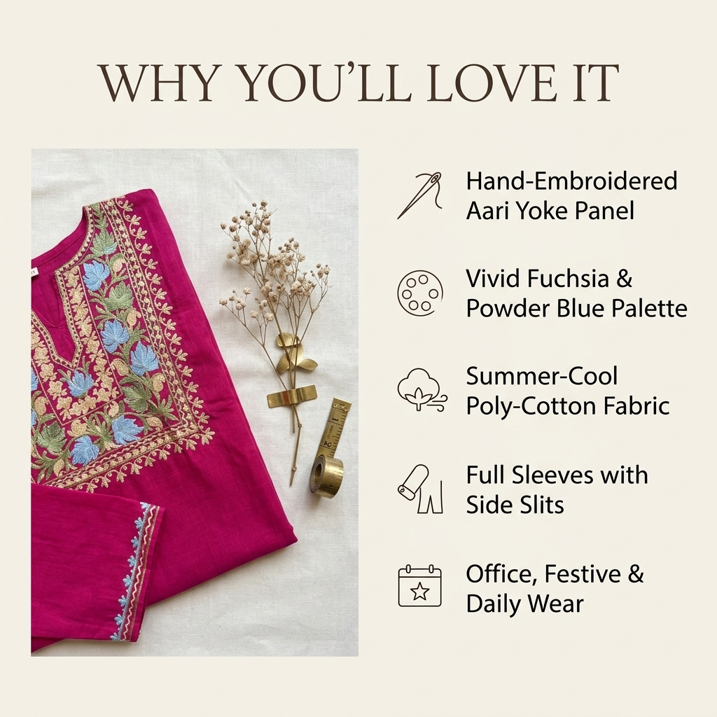 Premium Fuchsia Pink Kashmiri Embroidered Short Kurti