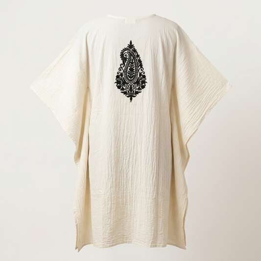 Hand Embroidered Ivory White Crushed Cotton Kaftan