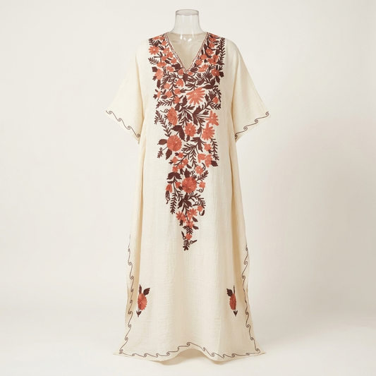 Ivory Coral Long Kaftan with Kashmiri Aari Embroidery