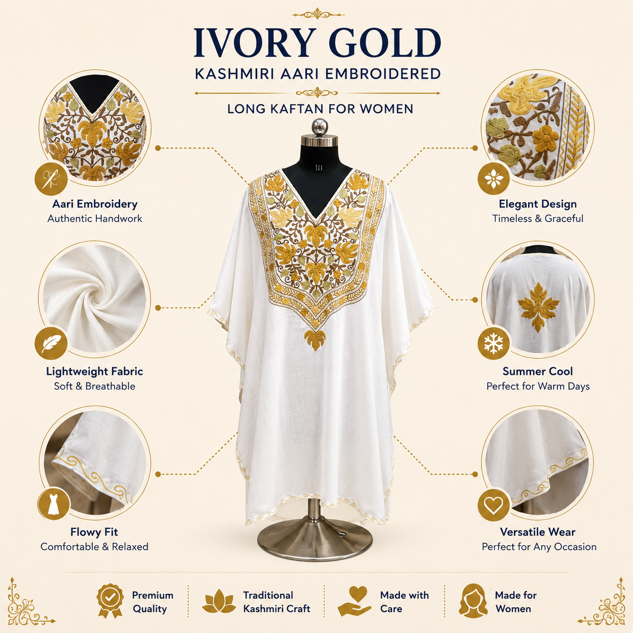 Luxury Ivory Gold Kashmiri Embroidered Kaftan
