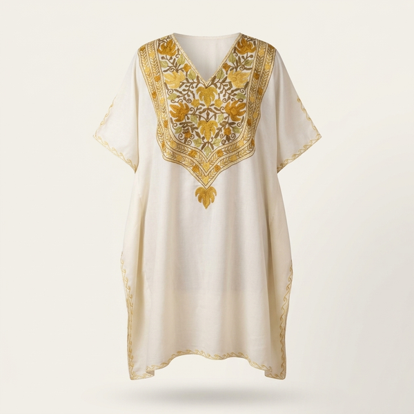 Ivory Gold Kashmiri Long Kaftan for Women | Aari-Style Machine Embroidered Summer Kaftan | Kashmiri Ethnic Wear