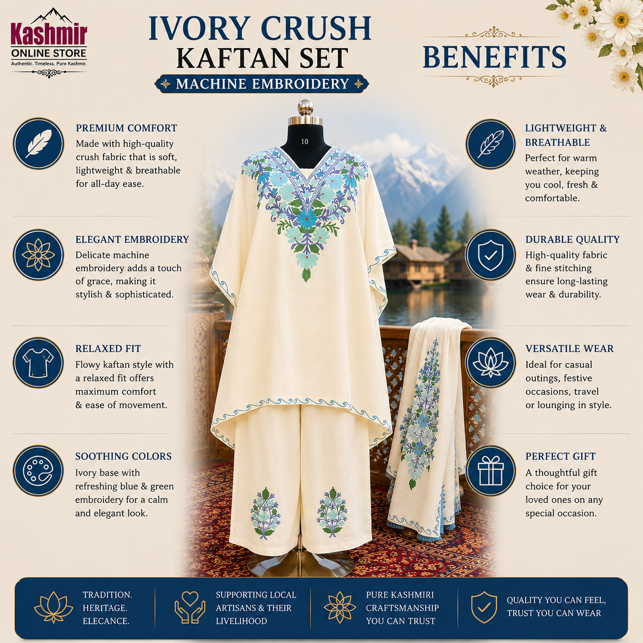 Ivory Machine Embroidered Kaftan Set